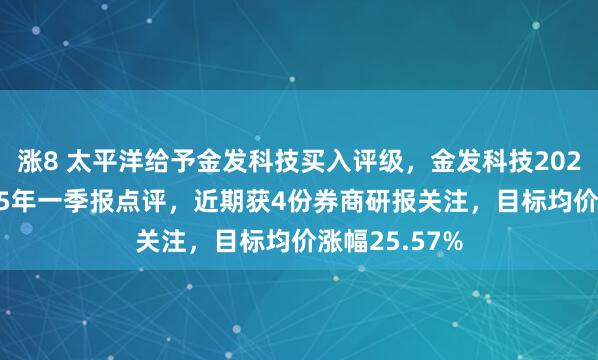 涨8 太平洋给予金发科技买入评级，金发科技2024年报及2025年一季报点评，近期获4份券商研报关注，目标均价涨幅25.57%